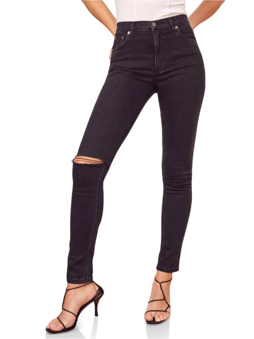 Reformation High & Skinny Jean In Faded Black Destroyed Wash Size 29